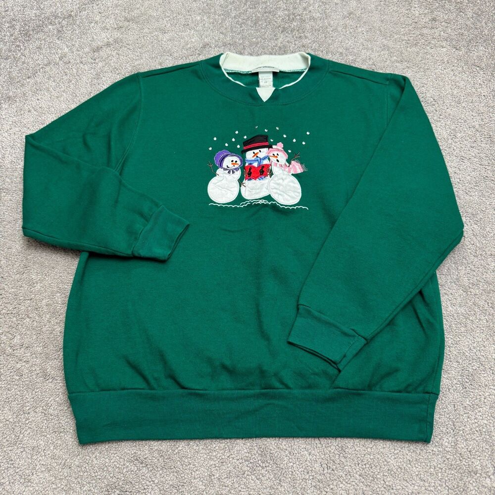 Vintage CW Classics Snowman Christmas Sweatshirt Womens Large Green Fleece 90s